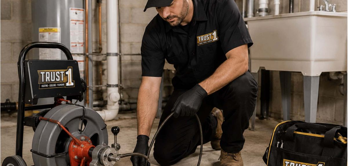 Trust 1 plumber using a drain cleaning machine on a basement floor drain