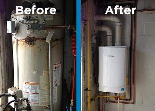 Tankless-Water-Heater before and after installation displayed