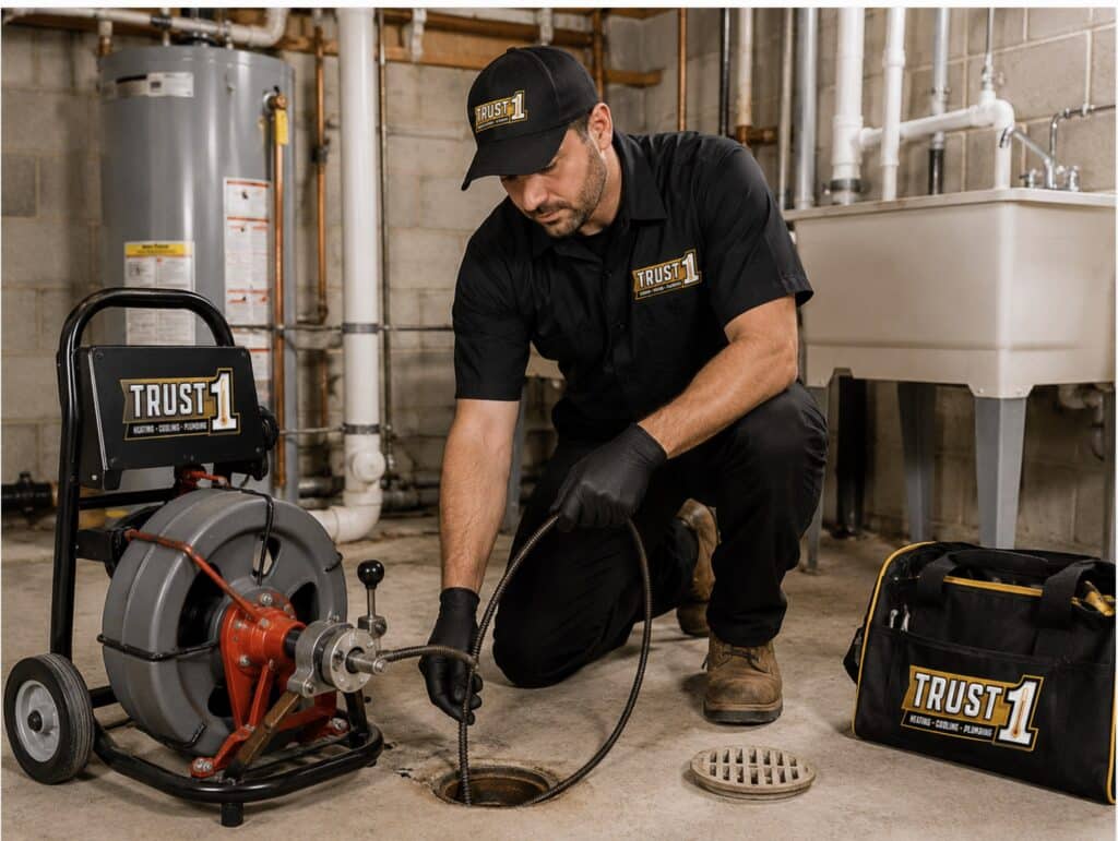 Trust 1 plumber using a drain cleaning machine on a basement floor drain