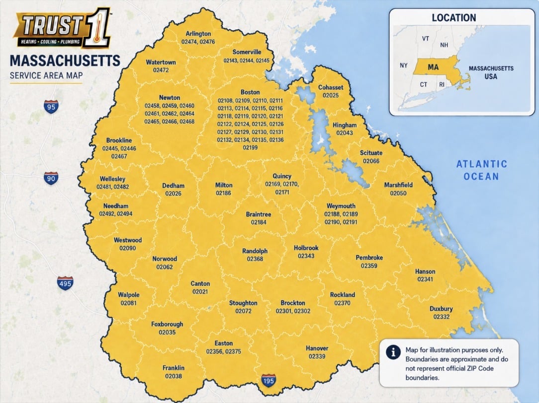 Trust 1 service area map covering Greater Boston and the South Shore, Massachusetts